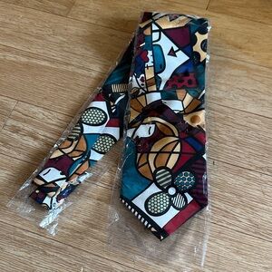 Multicolor Geometric Pattern Men's Tie - Teal, Burgundy & Gold